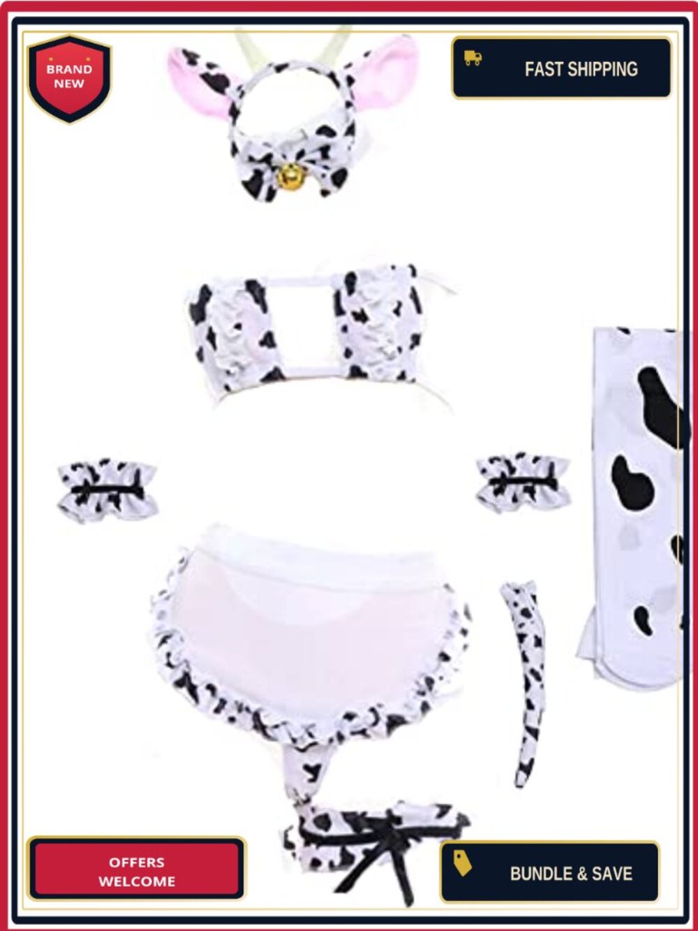 Cow Cosplay Lingerie Set With Headband Collar Apron